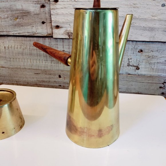 MCM Brass and Teak Japanese Tea Coffee Set Carafe Teapot Sugar Creamer Atomic - Picture 2 of 15
